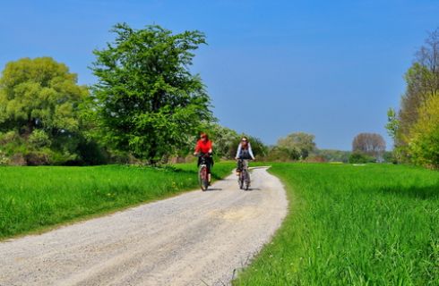 Couple riding bicycles down a gravel road through a large, green grass country side